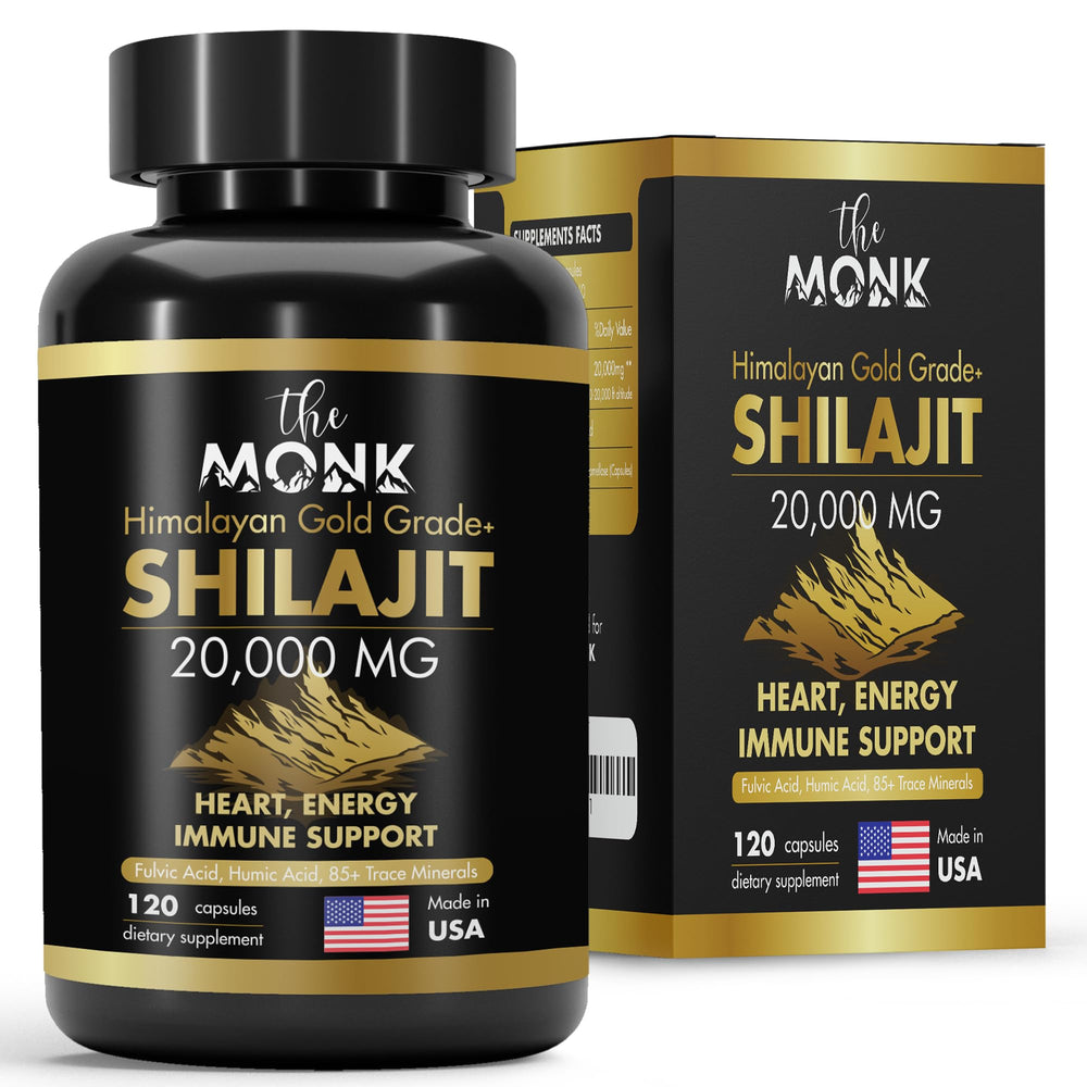 THE MONK envase frontal de Shilajit Gold Grade Plus mostrando diseño claro y confianza