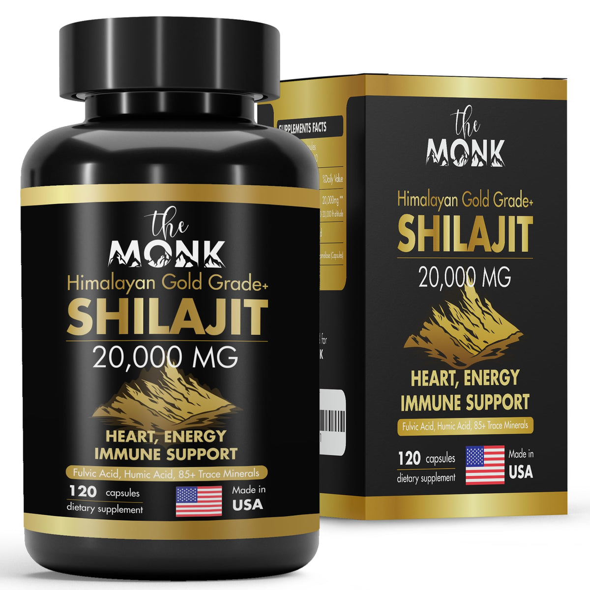 THE MONK envase frontal de Shilajit Gold Grade Plus mostrando diseño claro y confianza