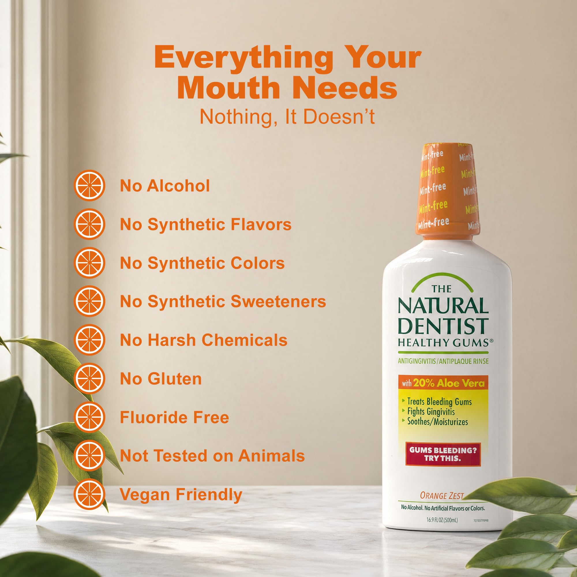 The Natural Dentist ingredientes botánicos reunidos sugiriendo limpieza suave