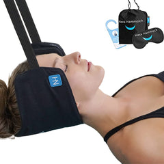 The Neck Hammock vista frontal del embalaje mostrando el dispositivo y beneficios portátiles