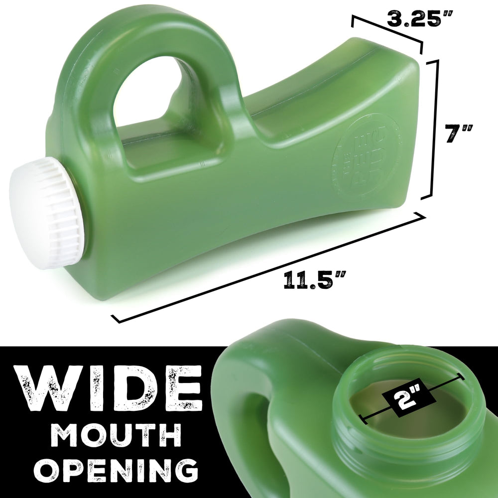 The Original Pee Jug comparado con una regla para mostrar tamaño y capacidad