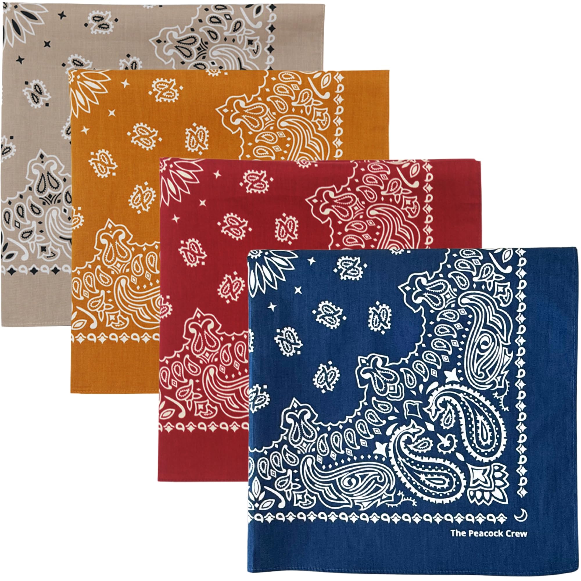 The Peacock Crew frontal del pack de cuatro bandanas, presentación ordenada y útil