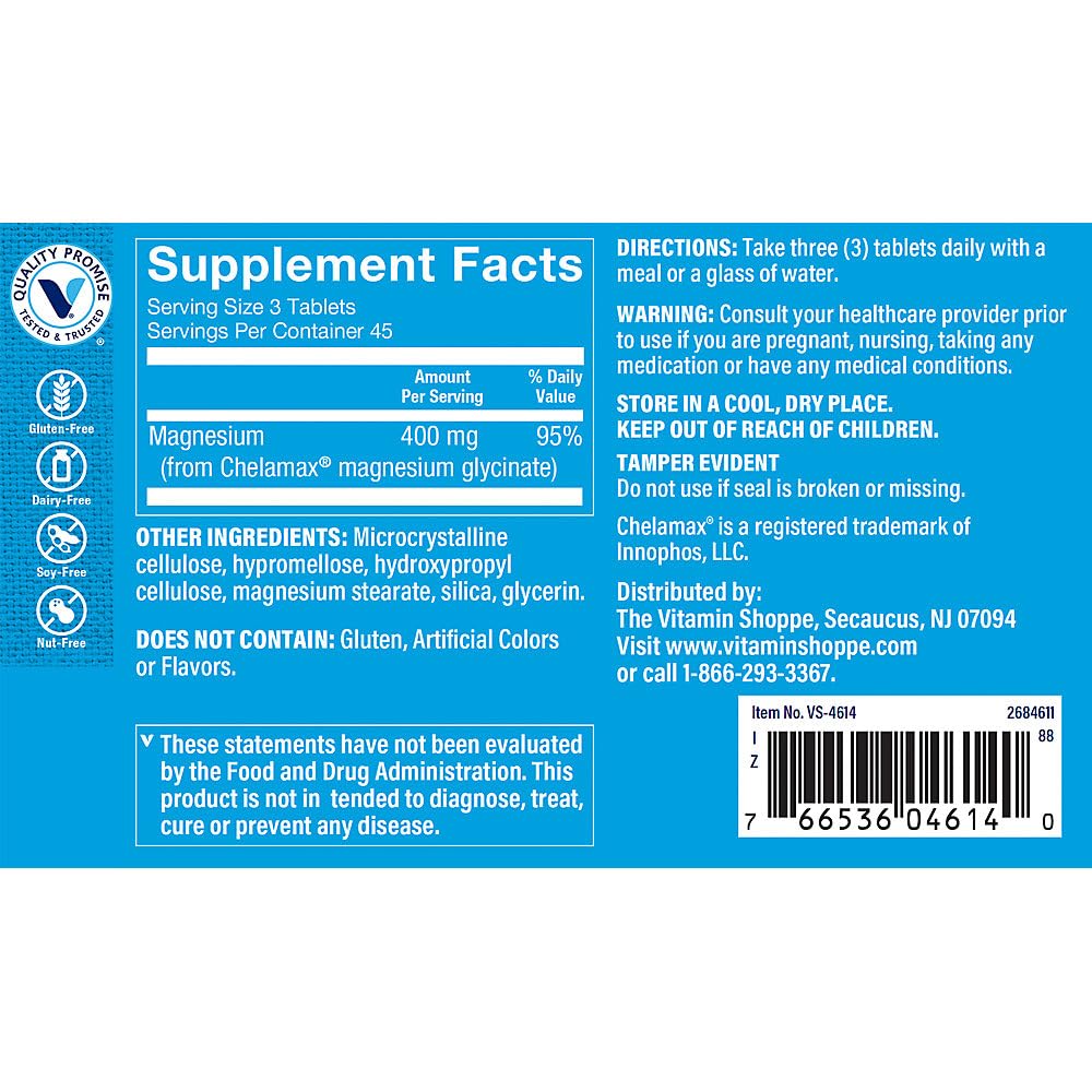 The Vitamin Shoppe detalle de etiqueta con información de magnesio glicinato y fácil lectura