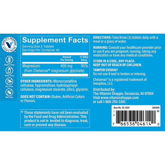 The Vitamin Shoppe detalle de etiqueta con información de magnesio glicinato y fácil lectura