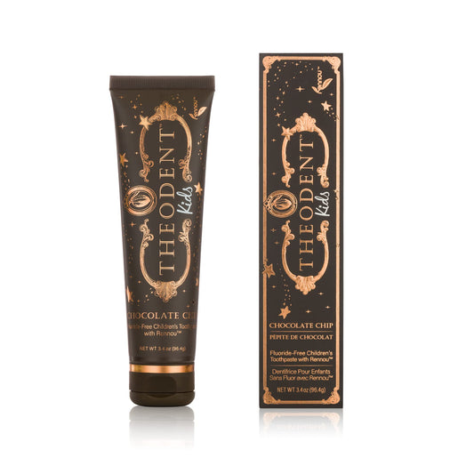 Theodent Kids frontal del envase mostrando sabor chocolate y beneficio seguro