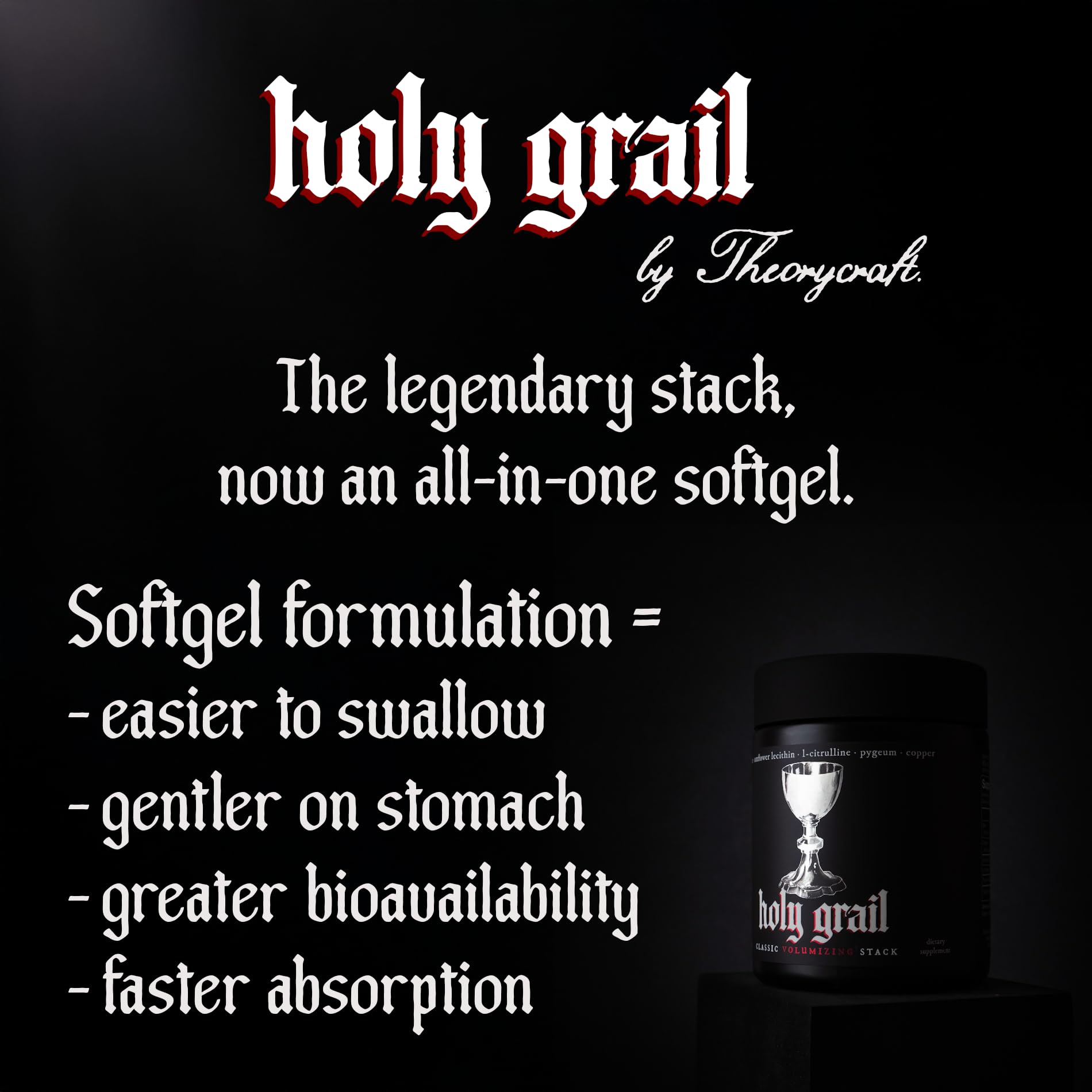 Theorycraft Holy Grail comparación de tamaño de cápsula para dosificación clara