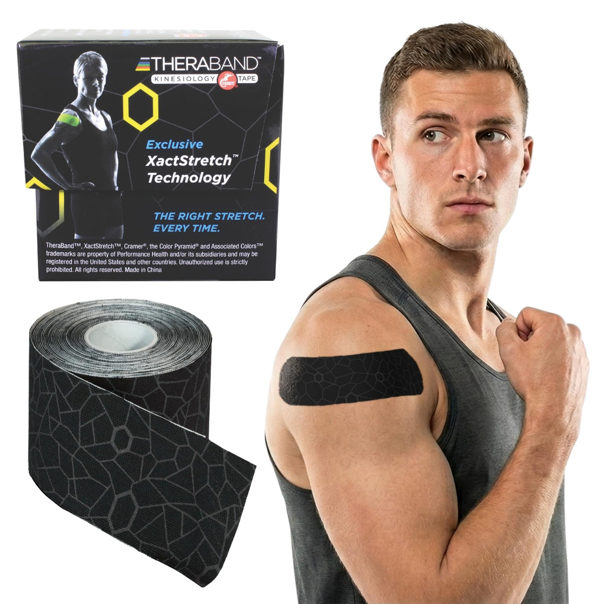 THERABAND caja delantera negra mostrando rollo y beneficios de aplicación