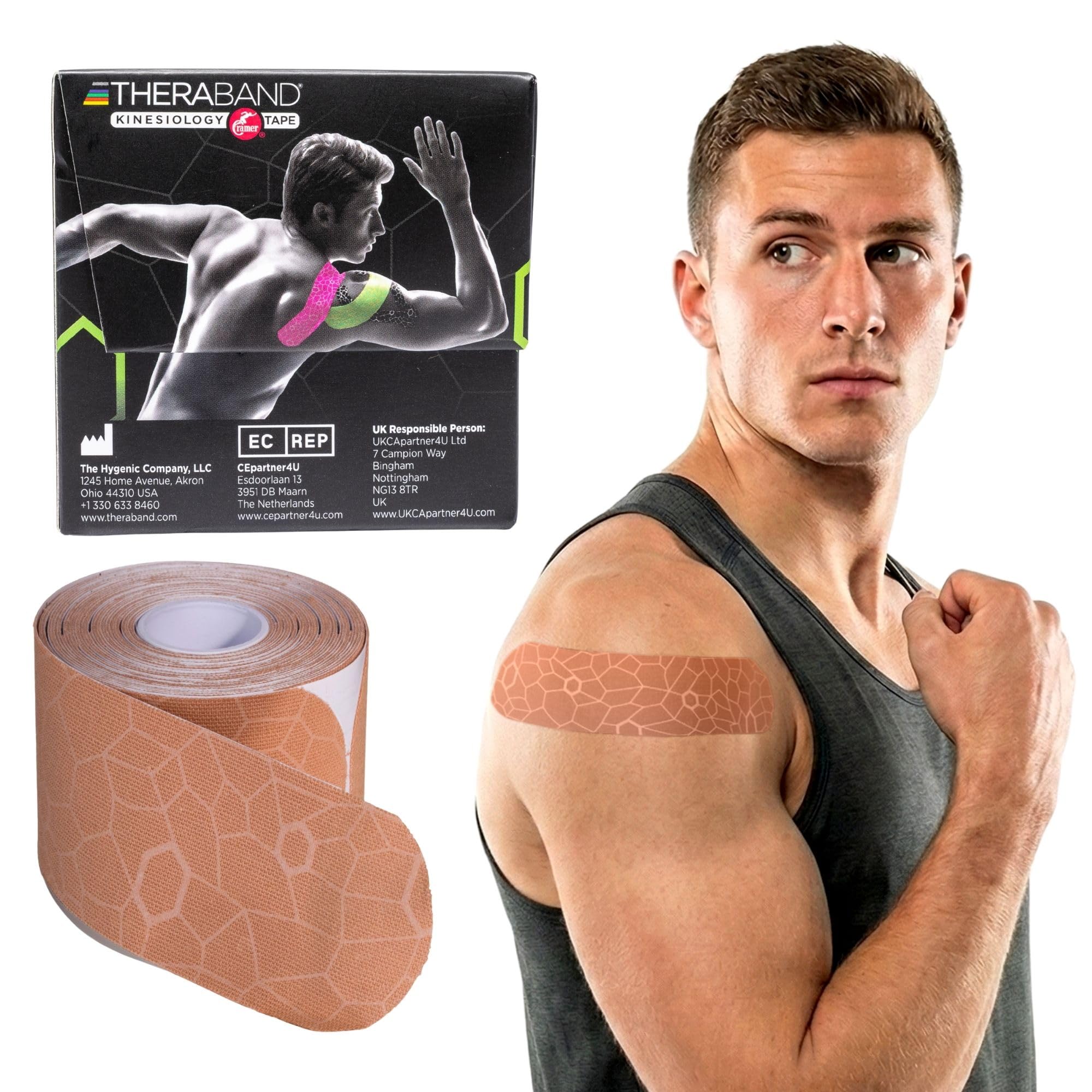 THERABAND vista frontal del empaque beige con tiras precortadas, práctico para viaje