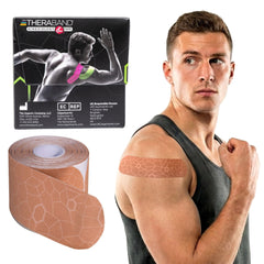 THERABAND vista frontal del empaque beige con tiras precortadas, práctico para viaje