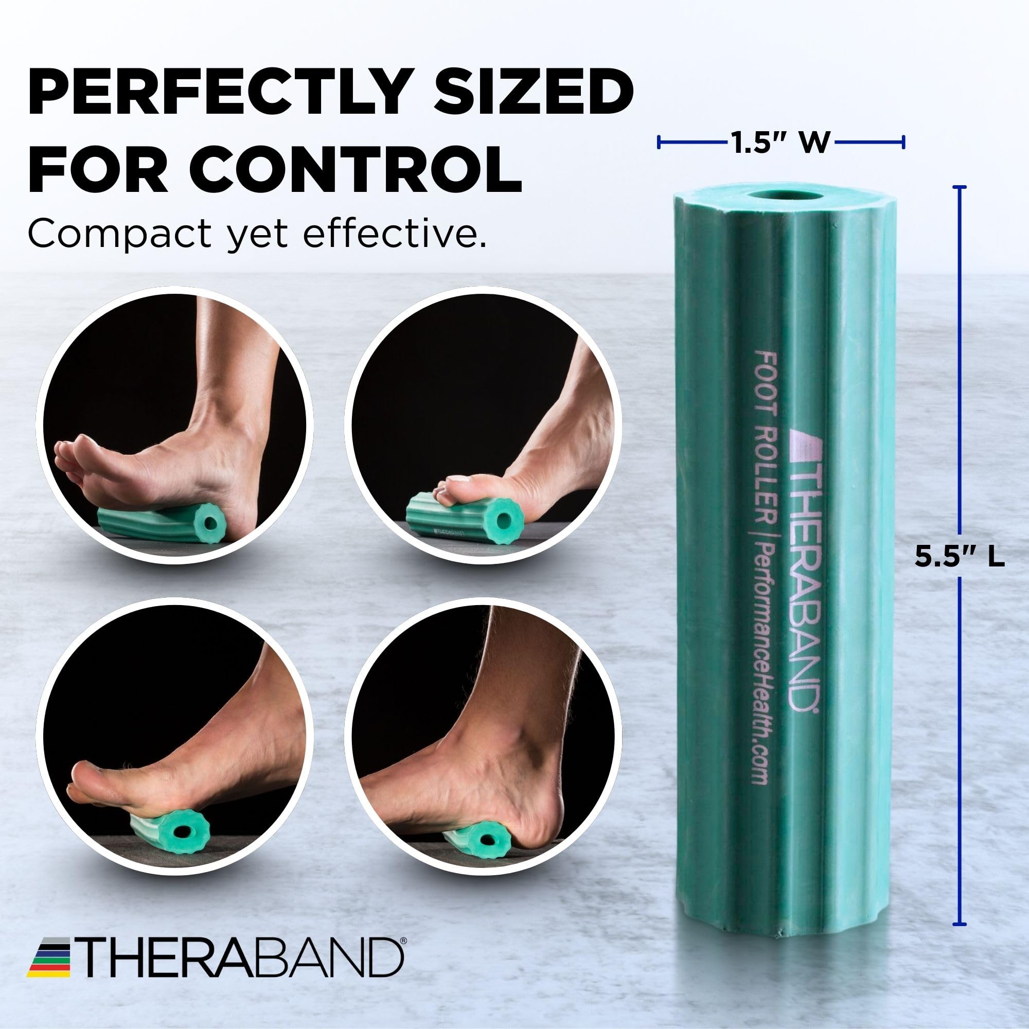 THERABAND comparación tamaño junto a mano para portable y práctico