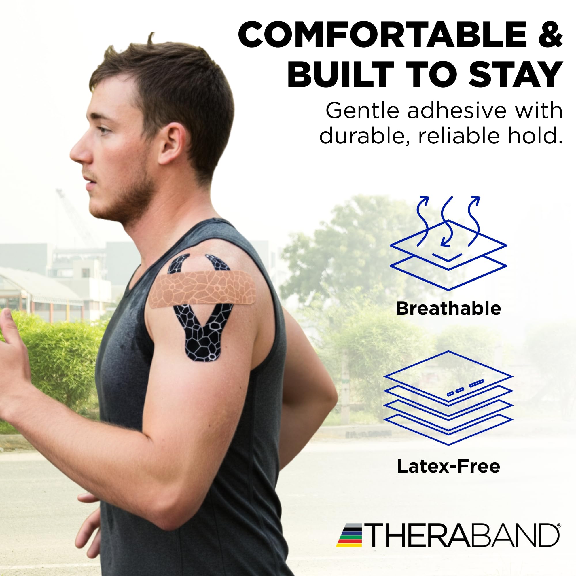 THERABAND cinta aplicada en rodilla demostrando soporte flexible durante ejercicio