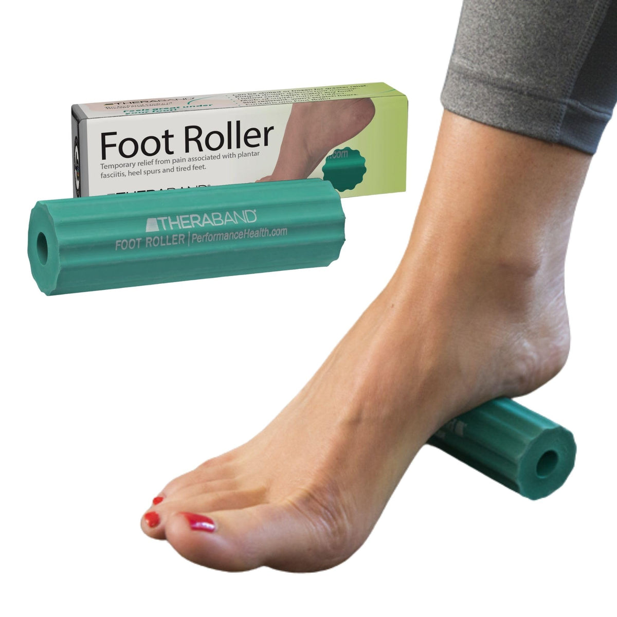THERABAND rodillo frontal mostrando diseño ergonómico y alivio inmediato