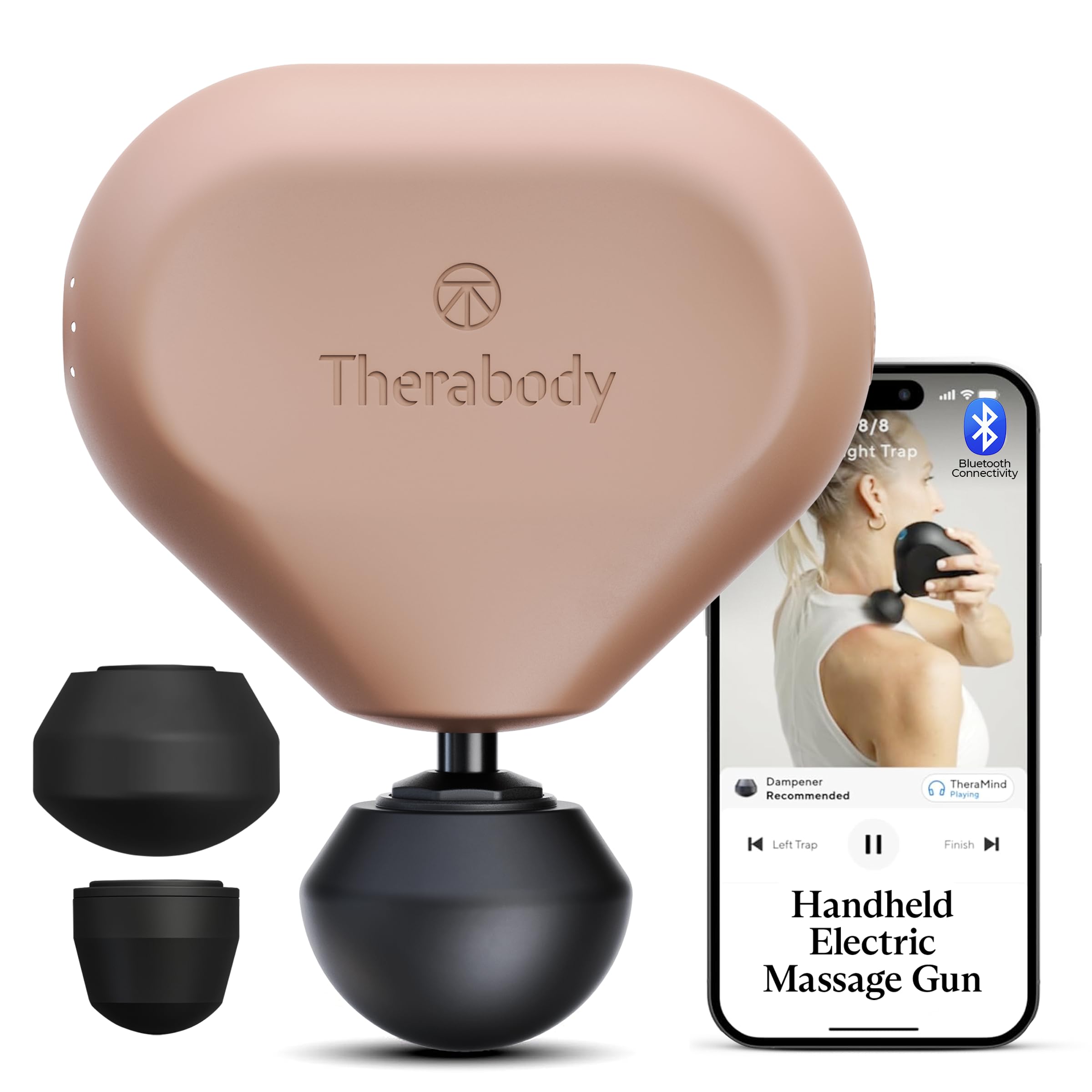 TheraGun Mini frontal Desert Rose mostrando tamaño compacto y portabilidad
