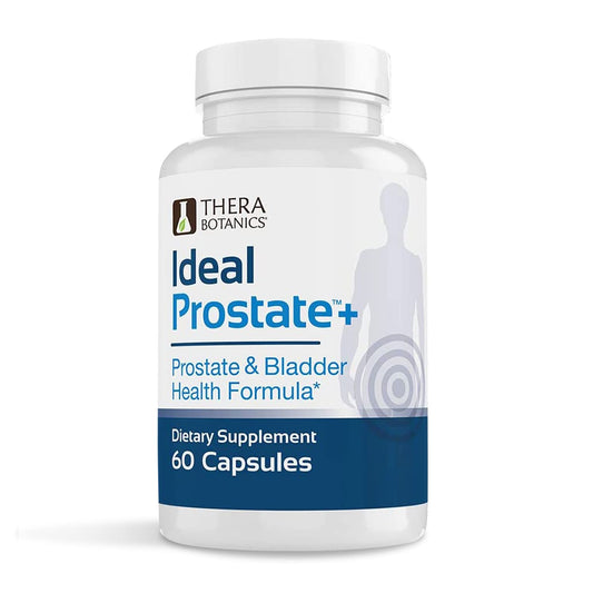 Therabotanics envase frontal de Ideal Prostate Plus mostrando la marca y beneficio de soporte prostático