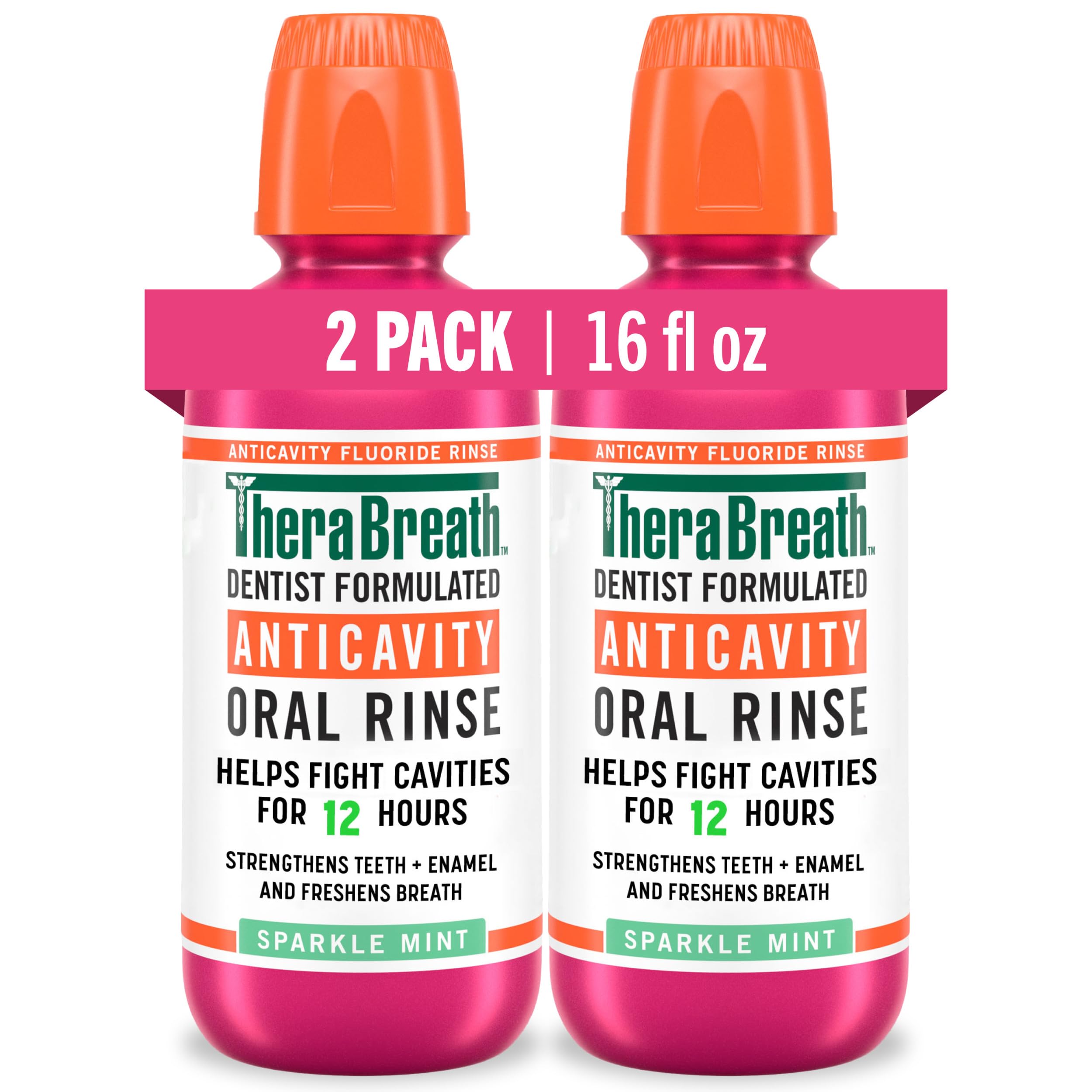 The Breath Co. botella TheraBreath frente mostrando diseño y beneficio anticaries