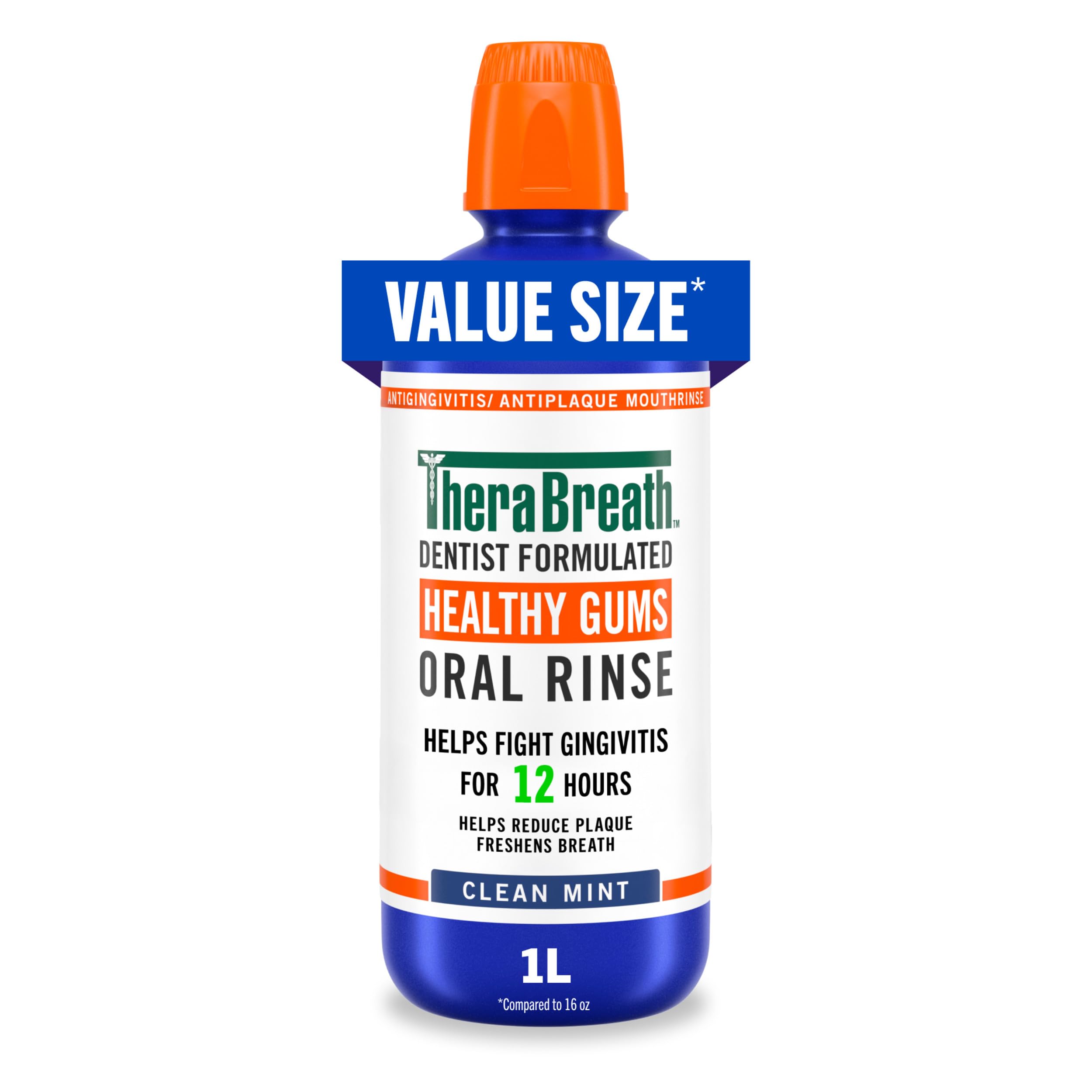 TheraBreath botella frontal 1 L mostrando tamaño y marca para cuidado de encías