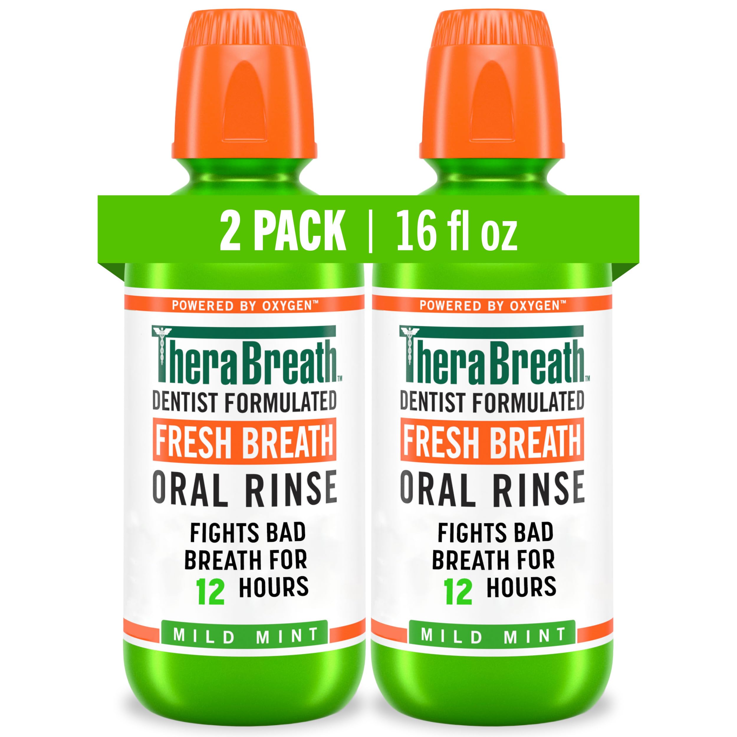 TheraBreath enjuague frontal pack mostrando botellas y beneficios frescura