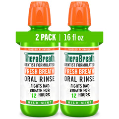 TheraBreath enjuague frontal pack mostrando botellas y beneficios frescura
