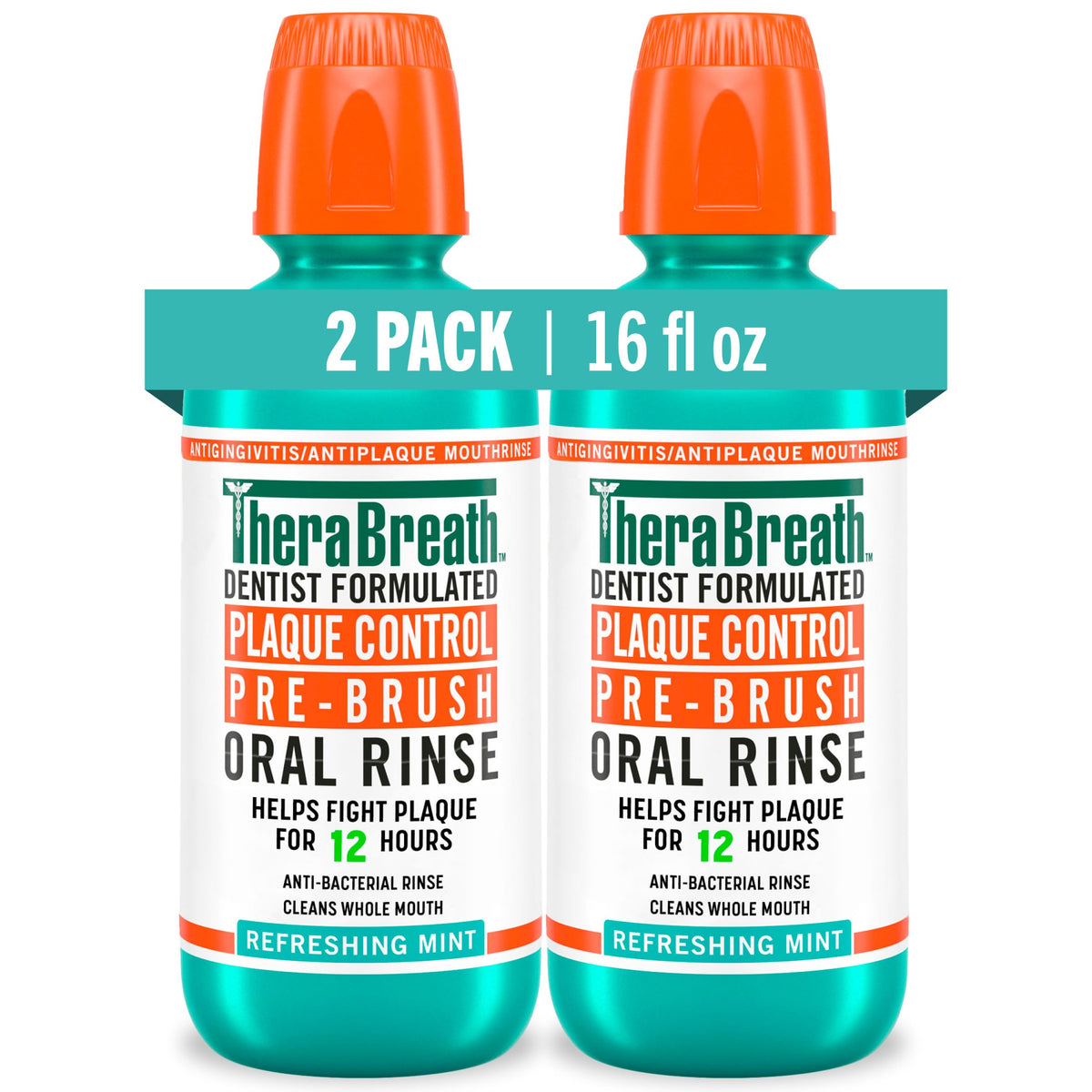 TheraBreath botella frontal mostrando etiqueta clara y beneficio antiplaca