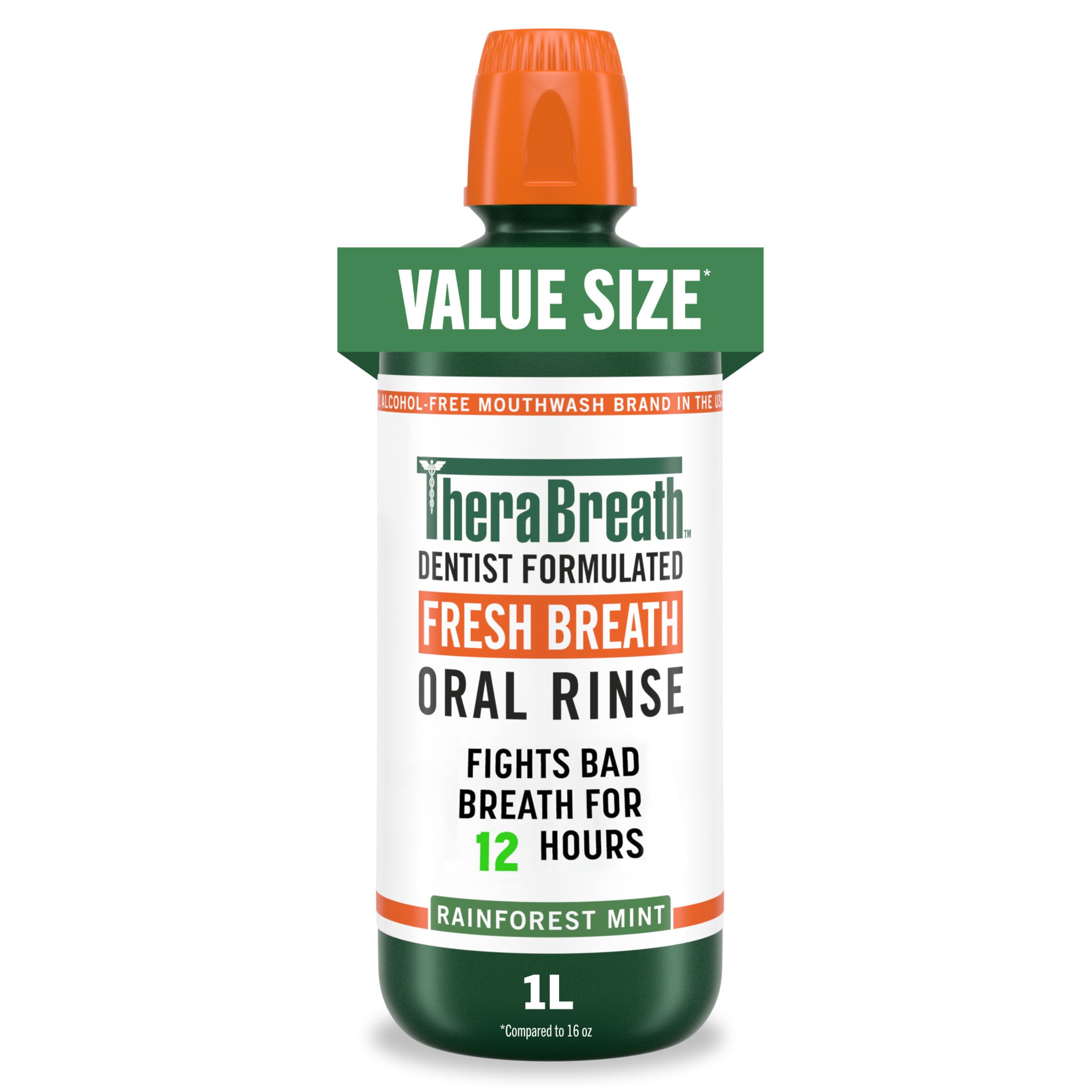 TheraBreath botella frontal Rainforest Mint mostrando tamaño y frescura