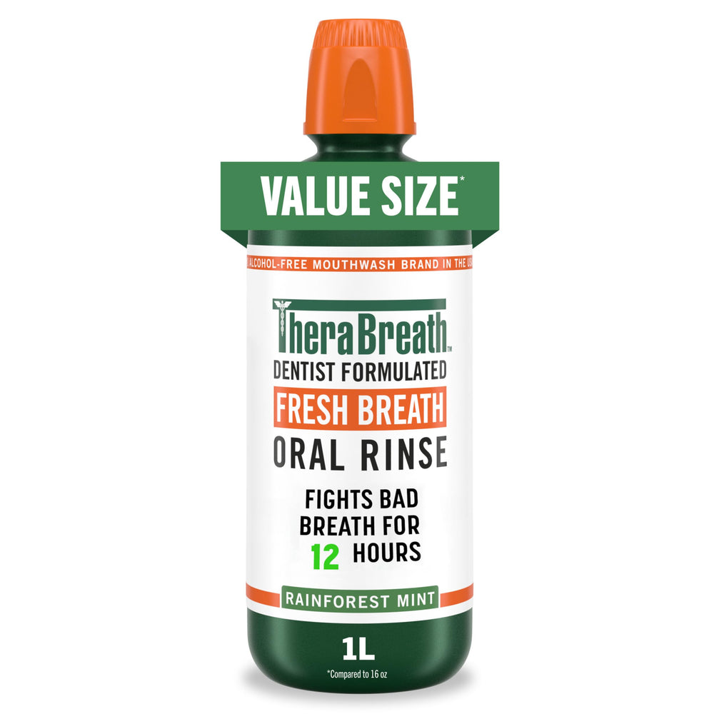 TheraBreath botella frontal Rainforest Mint mostrando tamaño y frescura