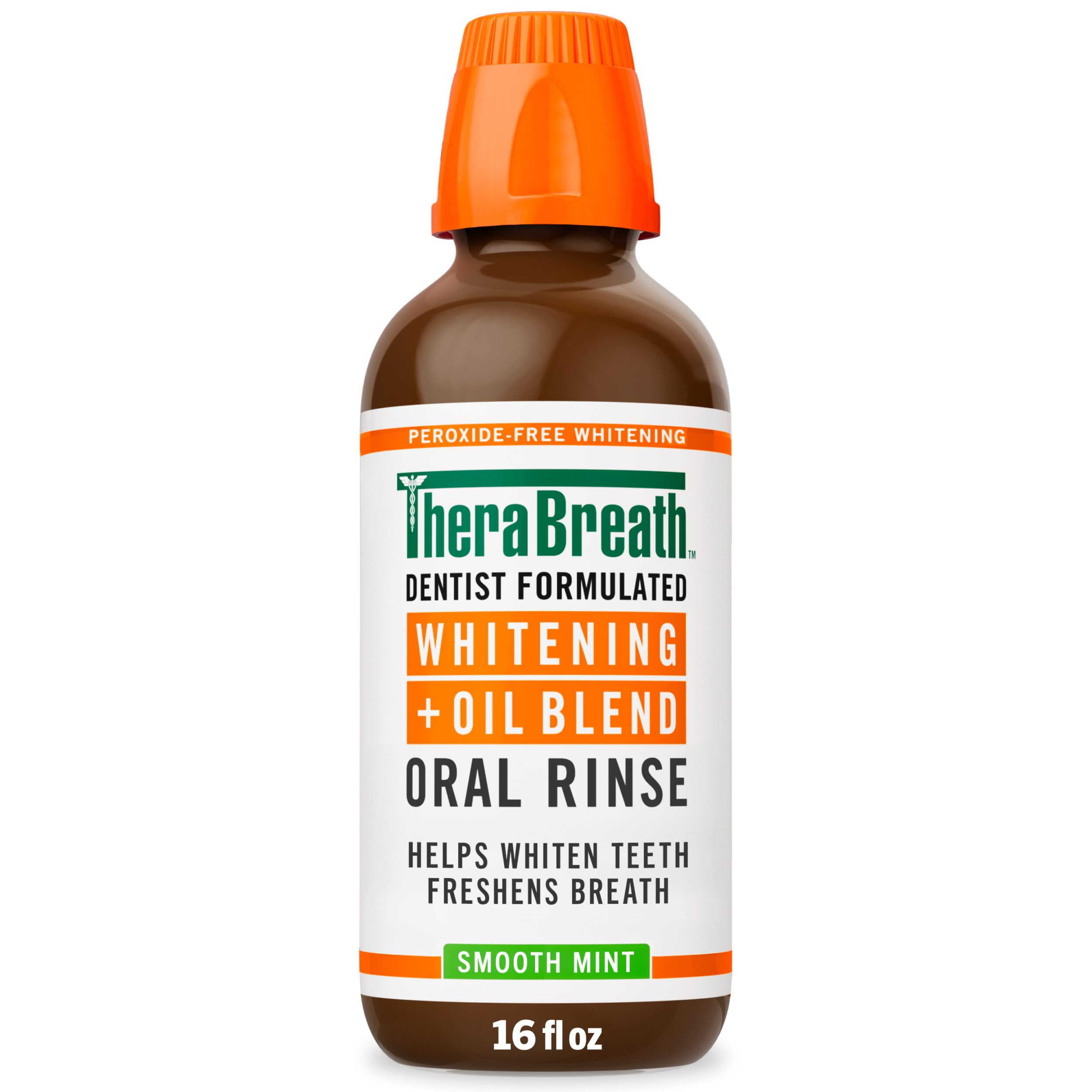 TheraBreath botella frontal mostrando etiqueta y beneficio de blanqueamiento