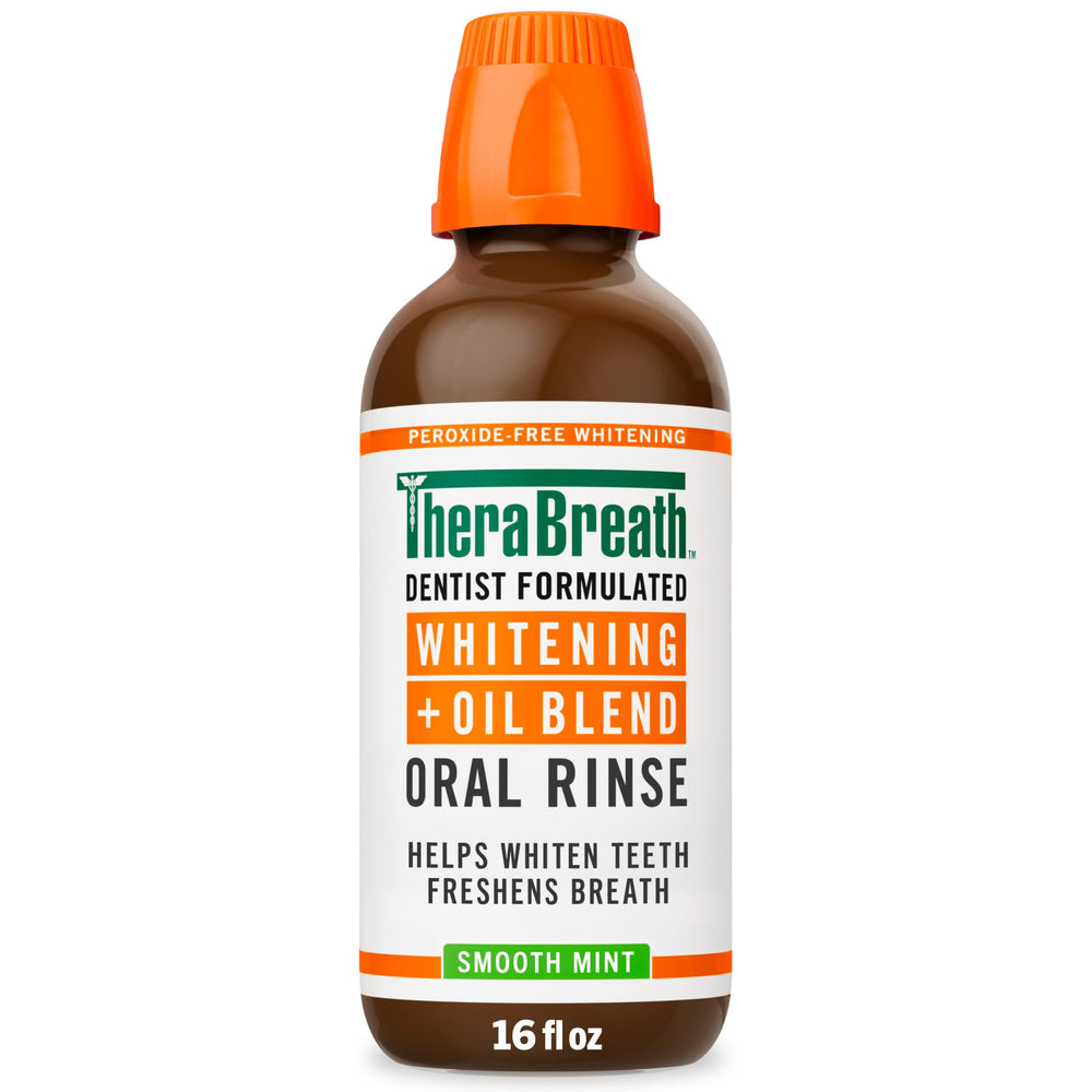 TheraBreath botella frontal mostrando etiqueta y beneficio de blanqueamiento