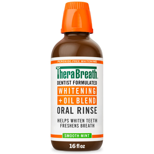 TheraBreath botella frontal mostrando etiqueta y beneficio de blanqueamiento