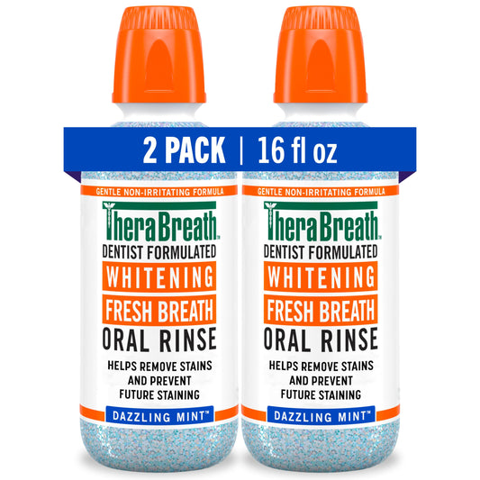 TheraBreath frontal pack de dos botellas mostrando formato y presentación, conveniencia