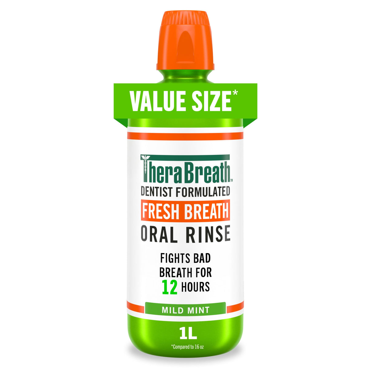 TheraBreath botella frontal 1 litro mostrando etiqueta y beneficio control duradero