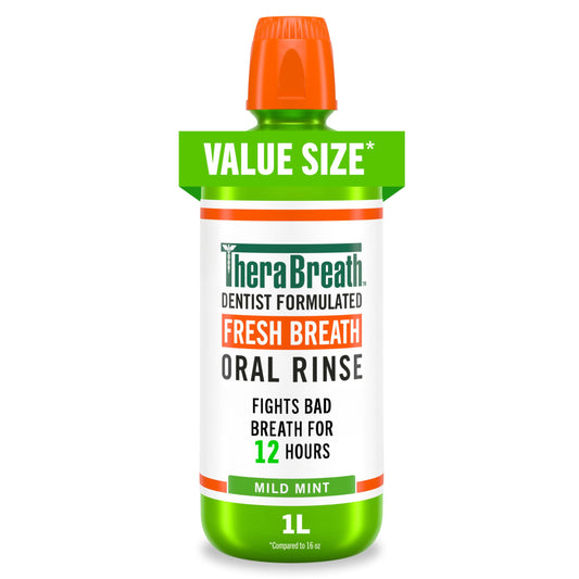 TheraBreath botella frontal 1 litro mostrando etiqueta y beneficio control duradero
