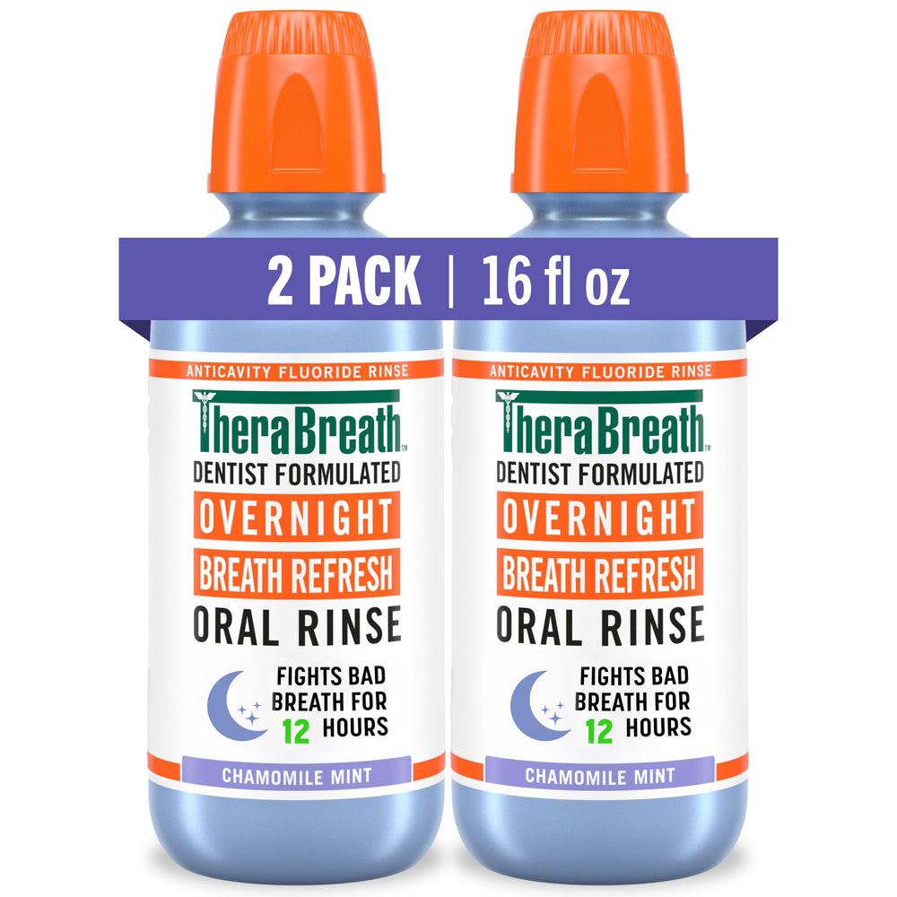 TheraBreath frontal con dos botellas mostrando empaque y beneficio de frescura duradera