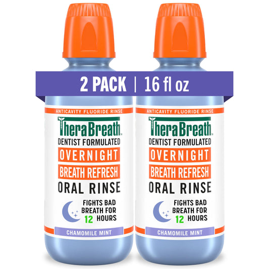 TheraBreath frontal con dos botellas mostrando empaque y beneficio de frescura duradera