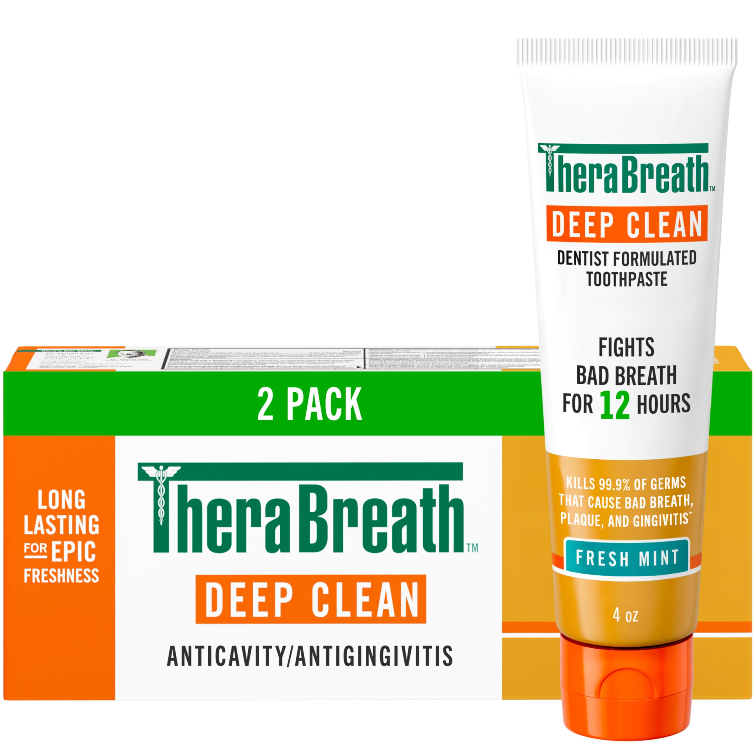 TheraBreath envase frontal Deep Clean mostrando frescor y confianza