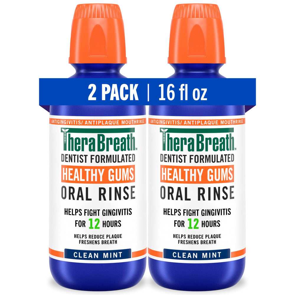 TheraBreath envase frontal Healthy Gums mostrando pack de dos y beneficio de encías