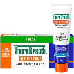 TheraBreath vista frontal del empaque mostrando protección de encías y sabor clean mint