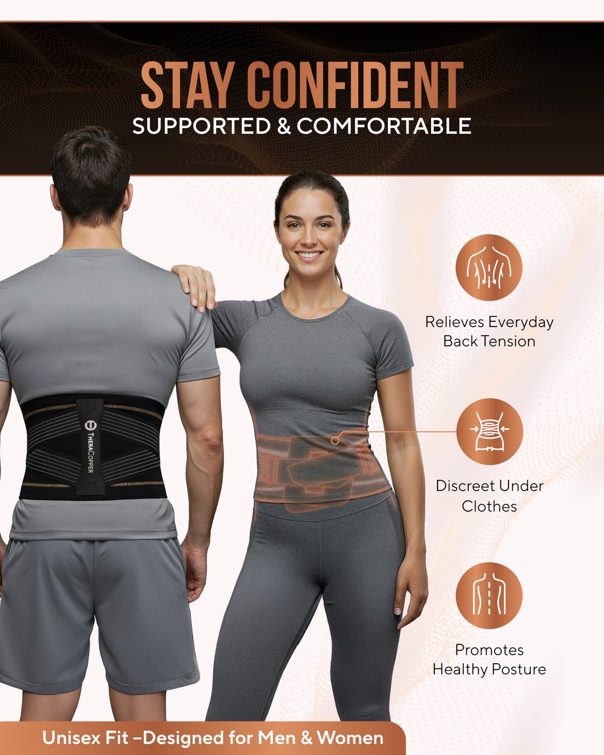 TheraCopper faja usada sobre ropa en actividad, soporte y confort continuo