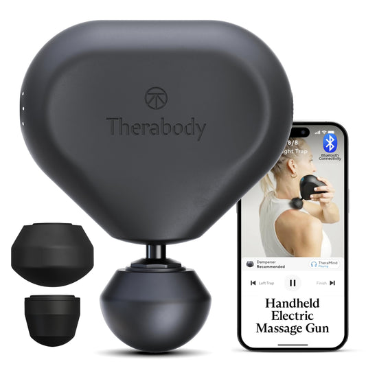 TheraGun mini frontal con estuche, portable y lista para viaje