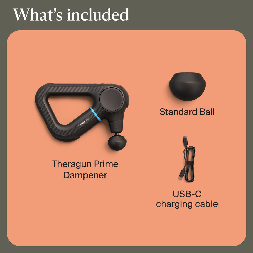 TheraGun Prime con estuche y accesorios listos para transporte y almacenamiento