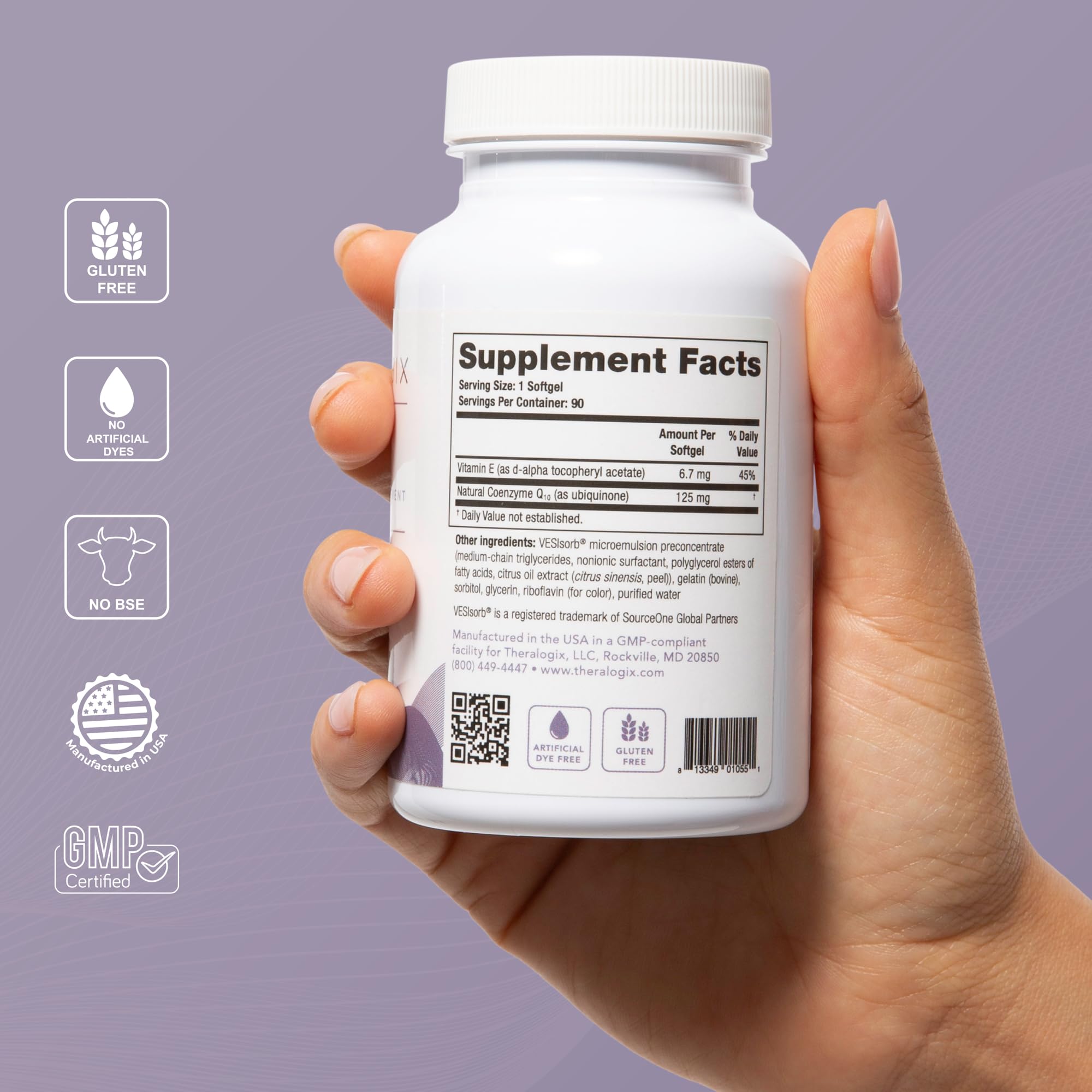 Theralogix NeoQ10 mostrando ingredientes clave como CoQ10 y tecnología VESIsorb