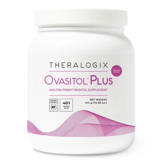 Theralogix envase frontal Ovasitol Plus muestra etiqueta y beneficios