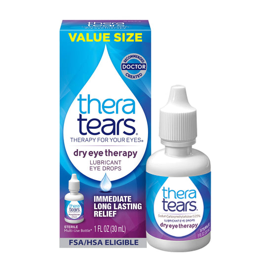 TheraTears frasco delantero mostrando etiqueta y tamaño fácil de llevar