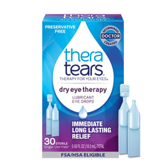 TheraTears empaque frontal con 30 viales que facilita almacenamiento y transporte