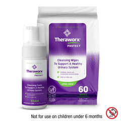 Theraworx kit desplegado con toallitas y espuma que ilustra uso diario conveniente