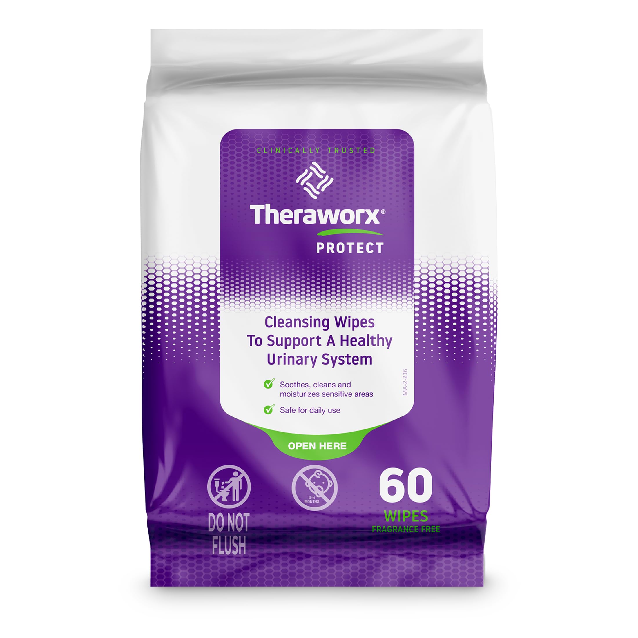 Theraworx envase frontal mostrando 60 toallitas y fácil apertura para transporte