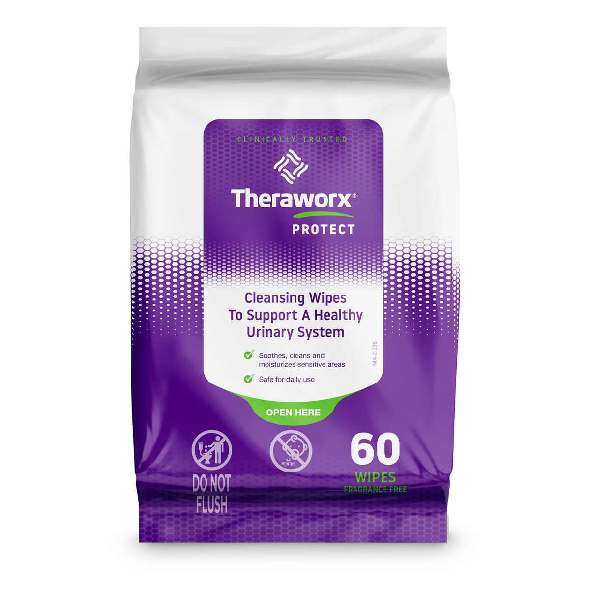 Theraworx envase frontal mostrando 60 toallitas y fácil apertura para transporte