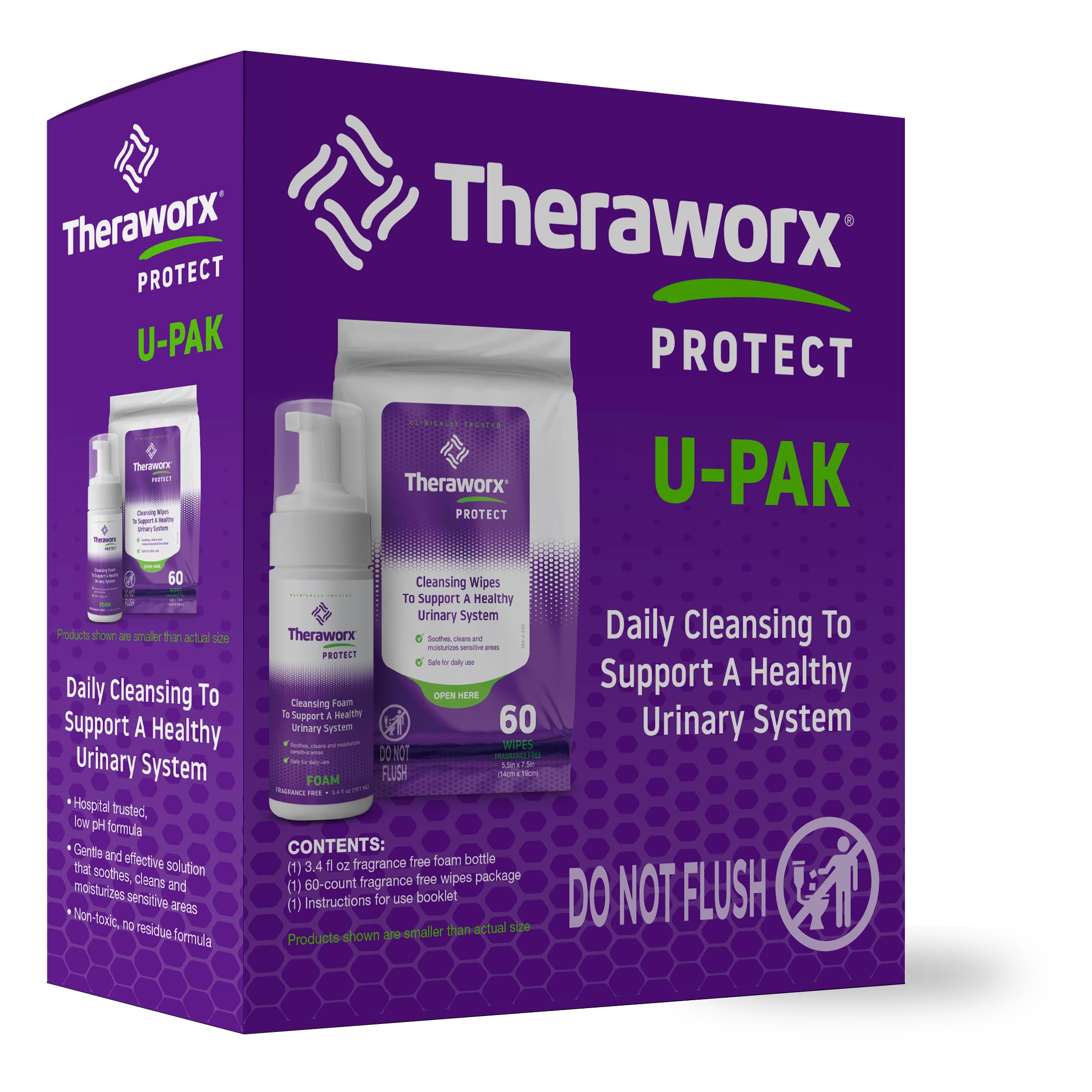 Theraworx empaque frontal del kit mostrando toallitas y espuma para higiene práctica
