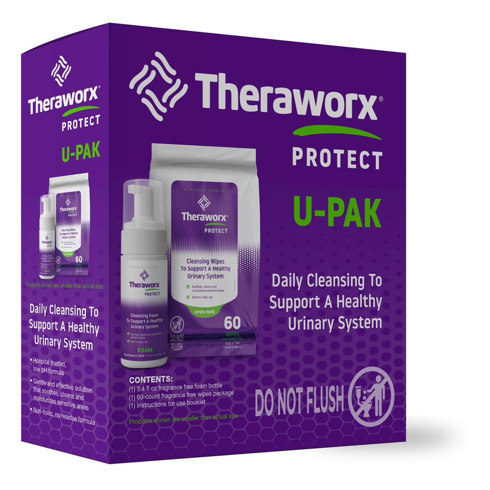 Theraworx empaque frontal del kit mostrando toallitas y espuma para higiene práctica