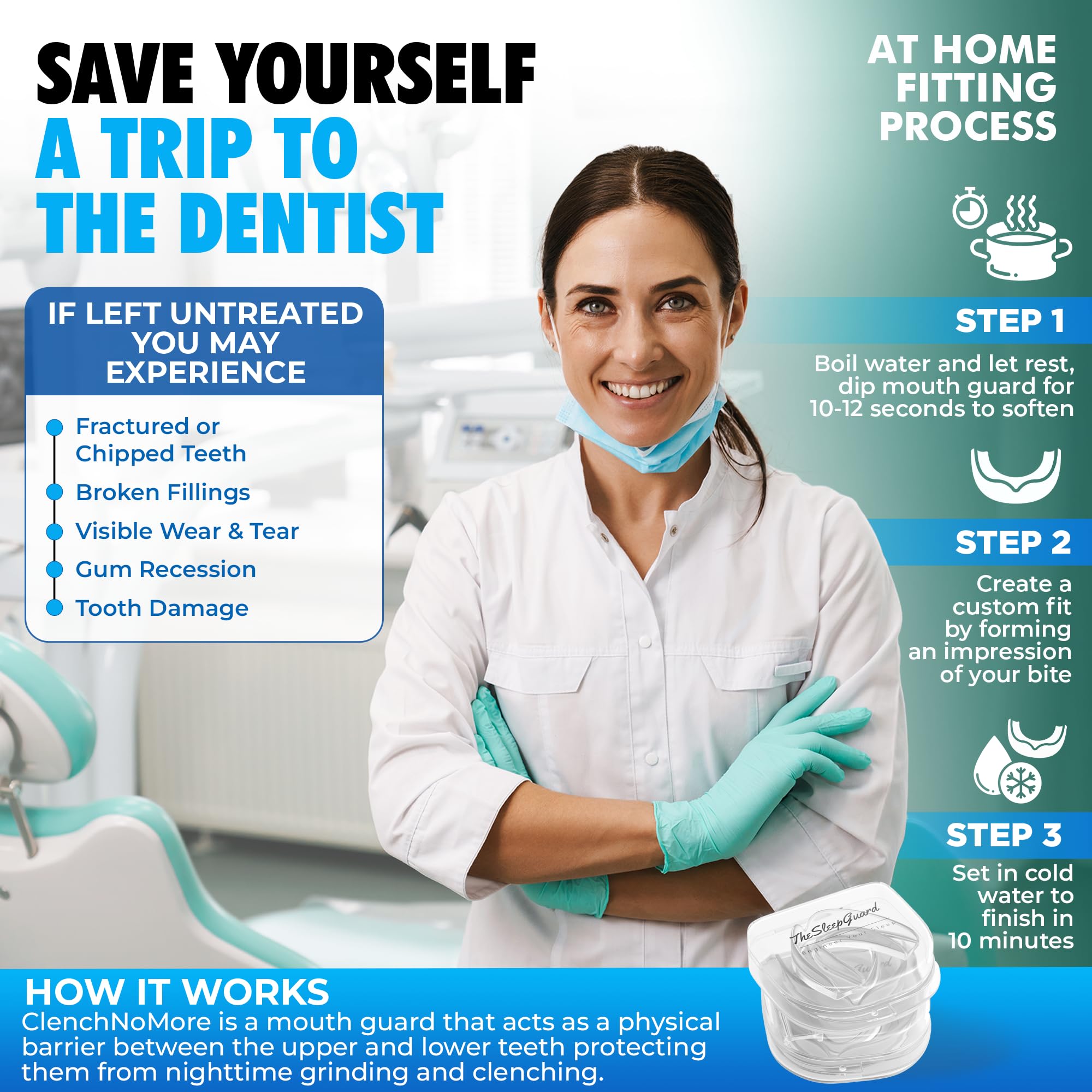 TheSleepGuard protector colocado en boca durante la noche para reducir desgaste dental