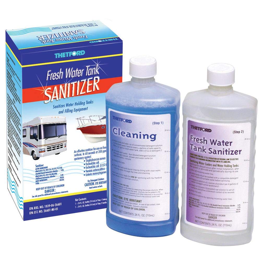 Thetford envase frontal del sanitizador, muestra uso claro y limpieza eficaz